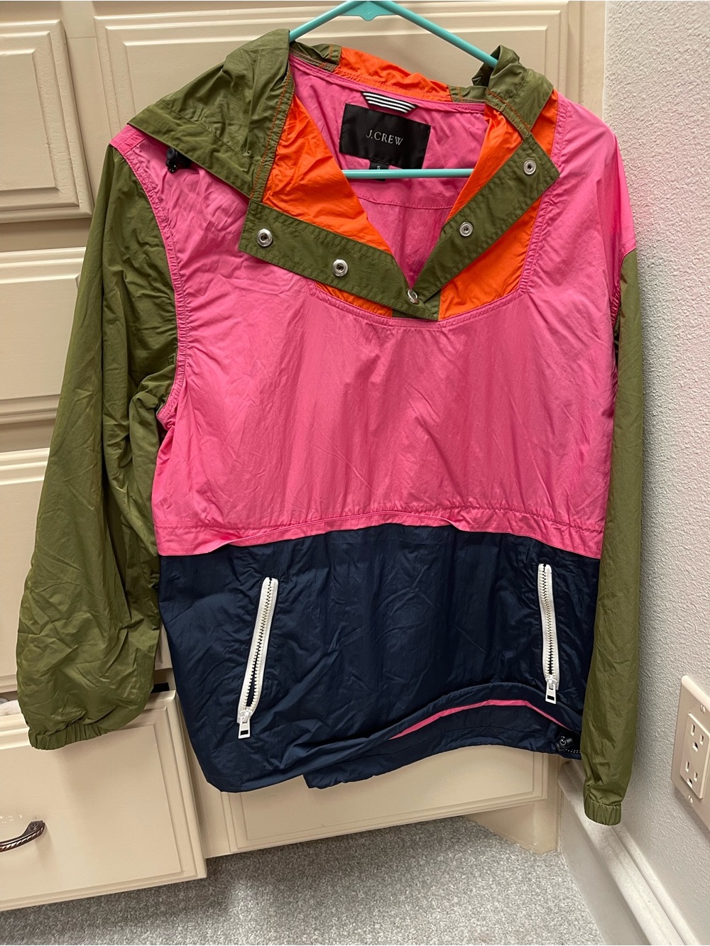 J. Crew Colorblock Rain Jacket - Pink, Olive, Navy, Orange